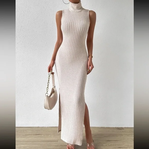 Sexy Turtleneck Split Thigh Tank Knit Dress - Picture 2 of 6